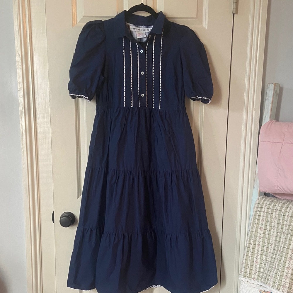 Gretchen Scott Navy Blue Karley Collared Tiered Maxi Dress
